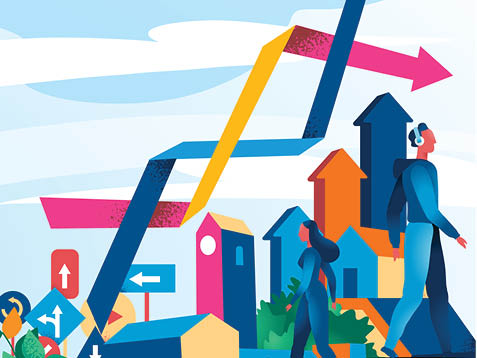 colorful image with animations of people walking outside