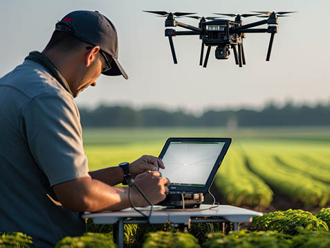 man flying a drone in a field while using a computer