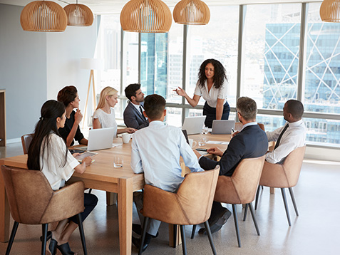Businesswoman Stands To Address Meeting Around Board Table