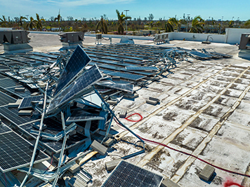 Broken down photovoltaic solar panels destroyed by hurricane Ian winds mounted on industrial building roof for producing green ecological electricity. Consequences of natural disaster.