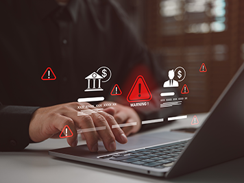 Businessman with financial warning icons and alert symbols, cybersecurity risk and fraud detection concept, online banking security, data breach prevention, financial compliance monitoring.