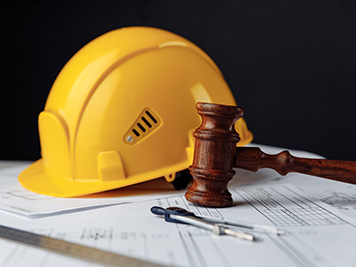 yellow construction hat laying on top of documents with a gavel next to it