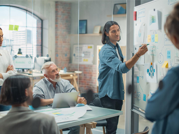 Man presenting to a group of coworkers pointing at a whiteboard in a conference room