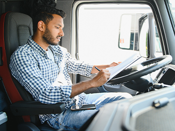 Logistics, delivery car and man with clipboard paperwork or checklist for stock, product distribution or shipping info.