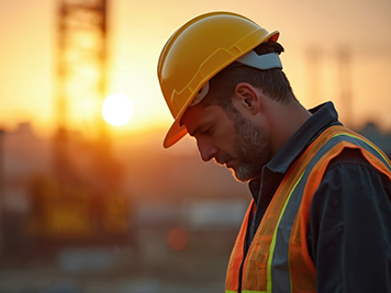 Construction worker man wears hard hat, safety vest. Looks down with tired, sad face at golden sunset. Long hard day job ends. Building site background. Exhausted foreman feels stress, worry mental