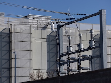 A power substation delivers energy via power line to a data center in Santa Clara, California, USA.