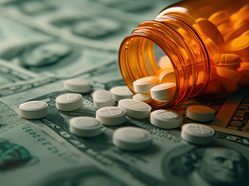 Scattered pills from an orange pharmacy bottle against a backdrop of dollars. Concept of expensive drugs, pharmaceutical business and addiction. Symbolism of medicine, profit and the cost of health
